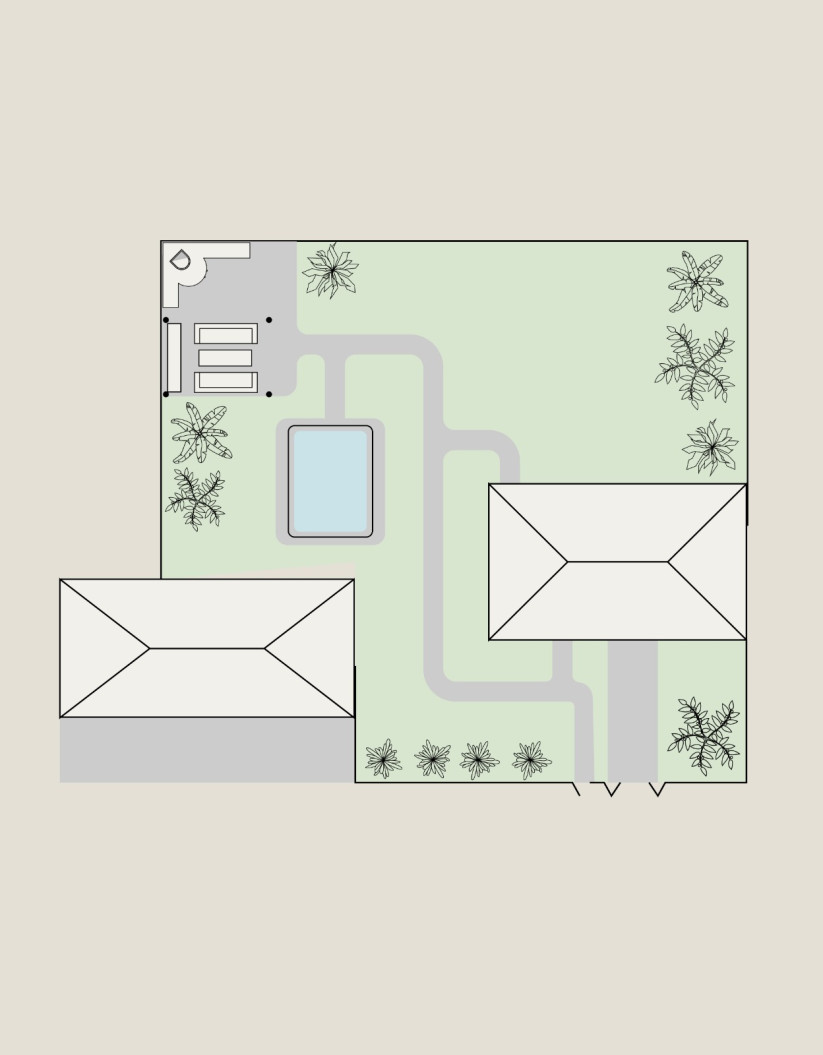 Site plan with buildings and pool