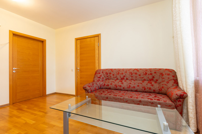 Living room with two wooden doors.