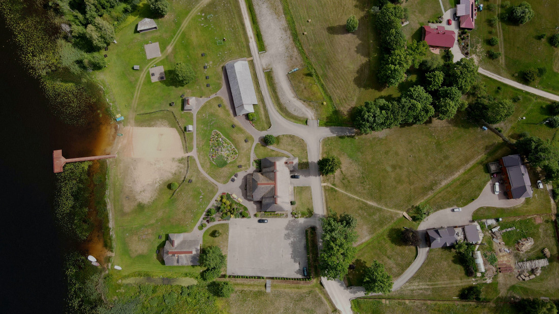 Aerial view of a lakeside leisure complex