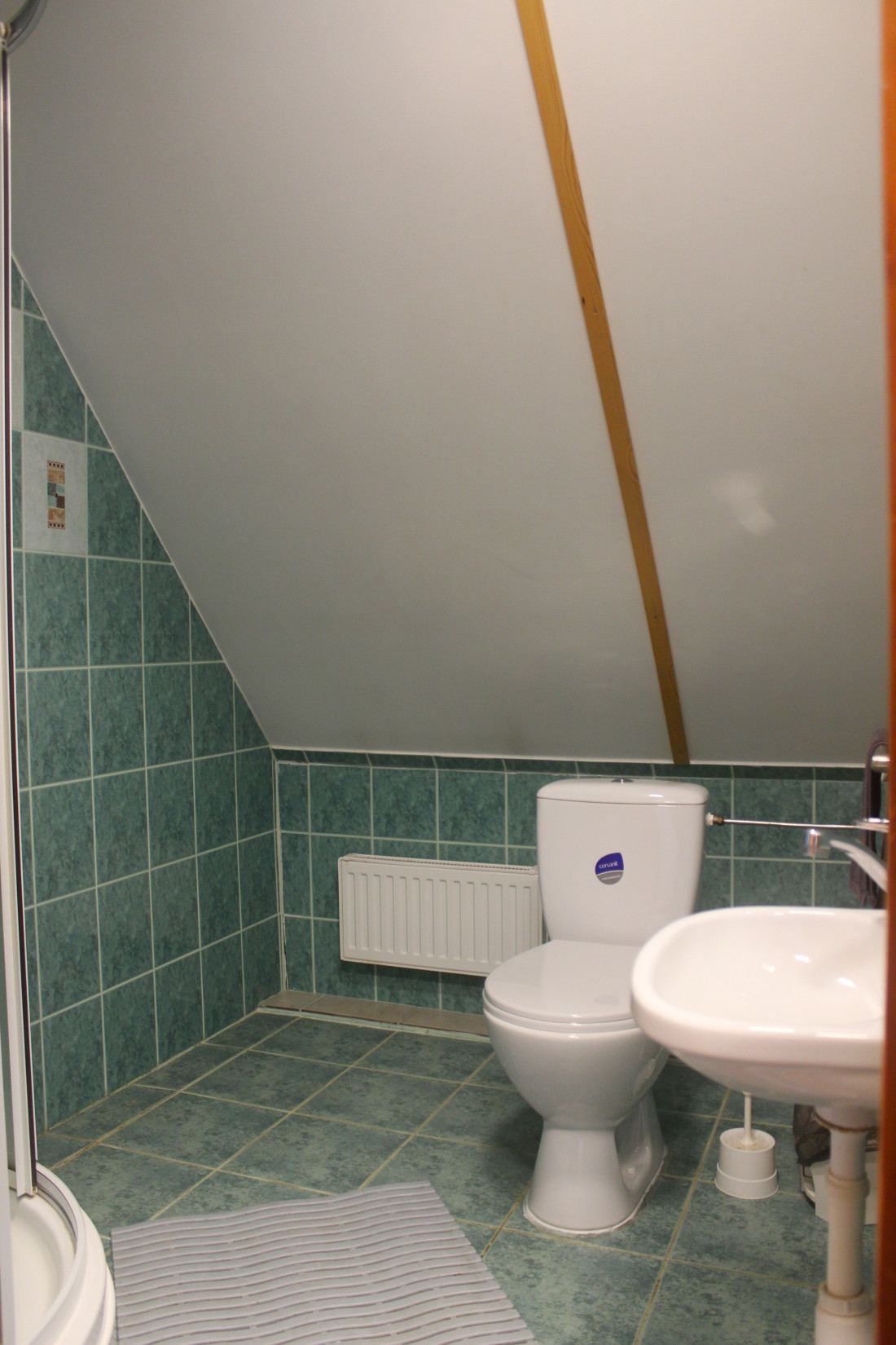 Bathroom with green tiles.
