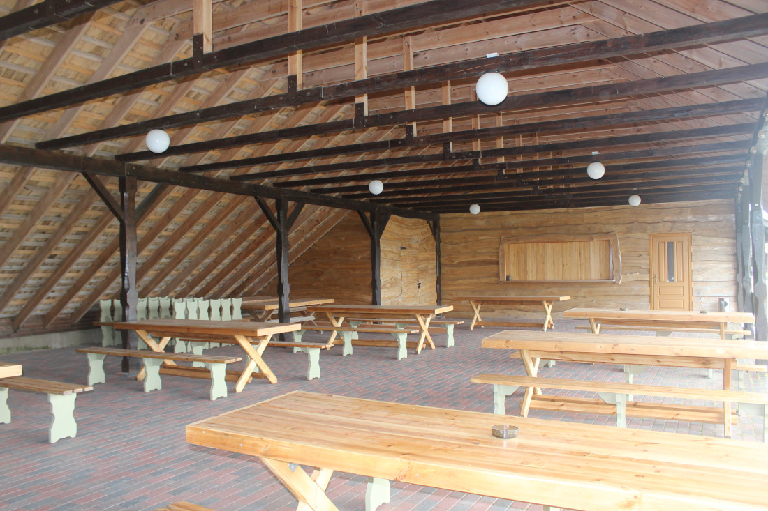Traditional shelter with benches and tables.