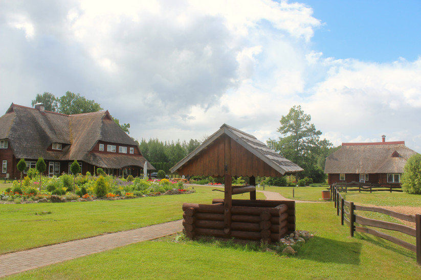Wooden house with thatched roof and garden.