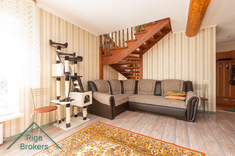 Corner in living room with sofa and cat tower.