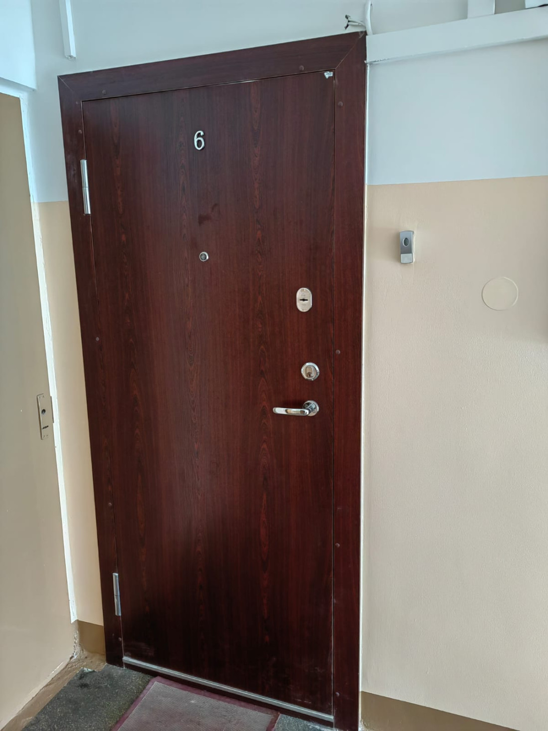 Железная дверь квартиры имеет имитацию деревянной поверхности