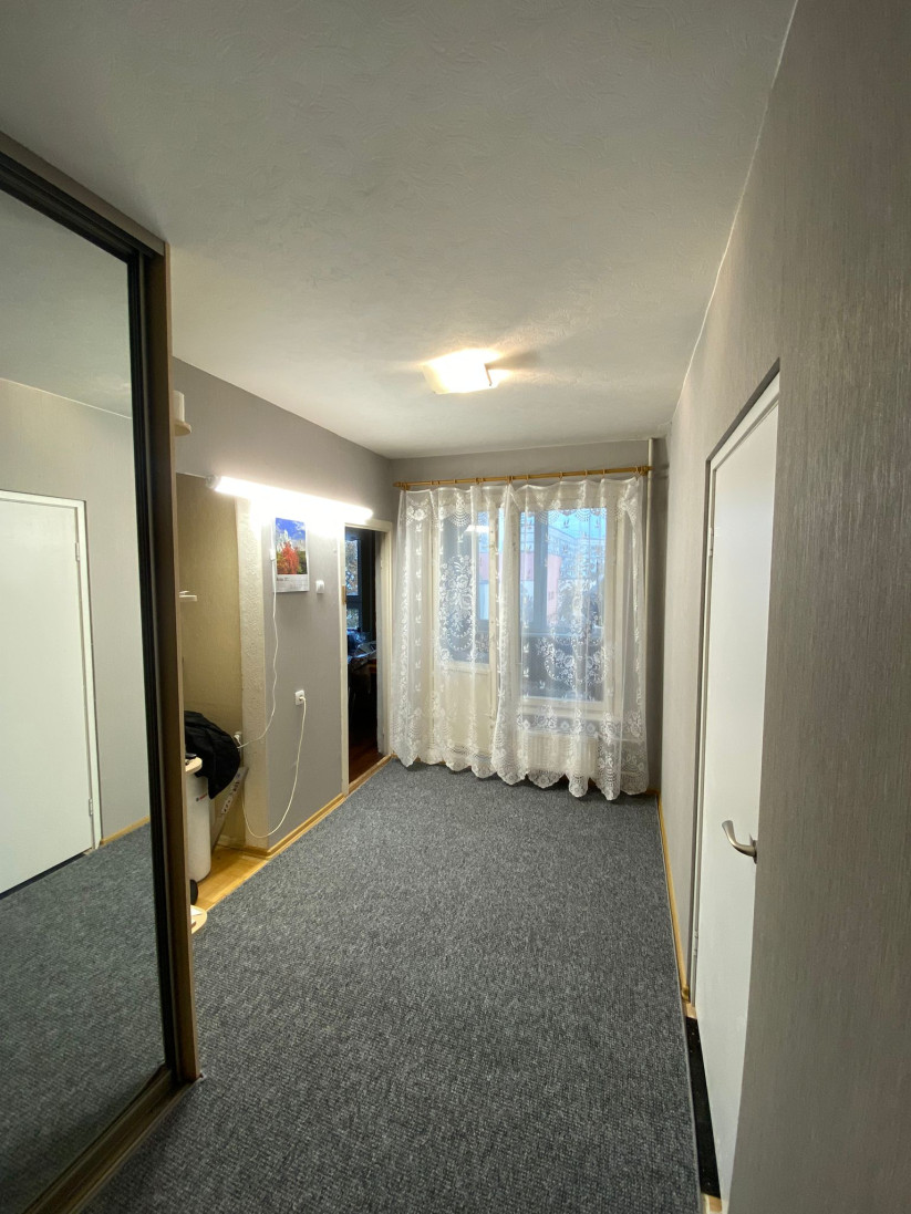 Hallway with carpet and windows.