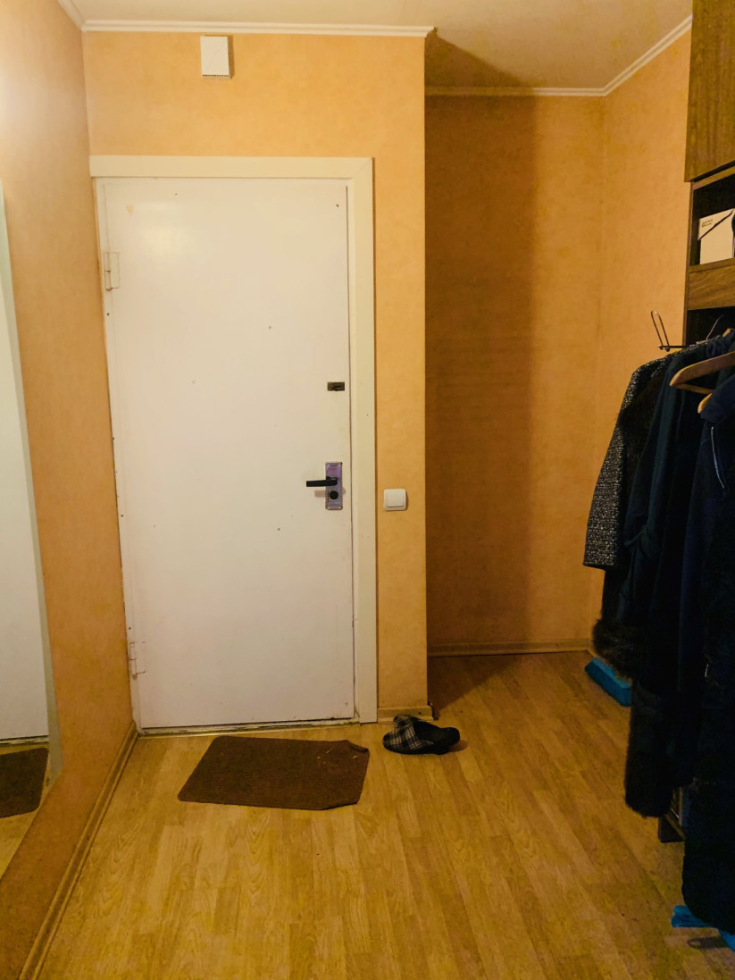 Apartment entrance door with a mat.