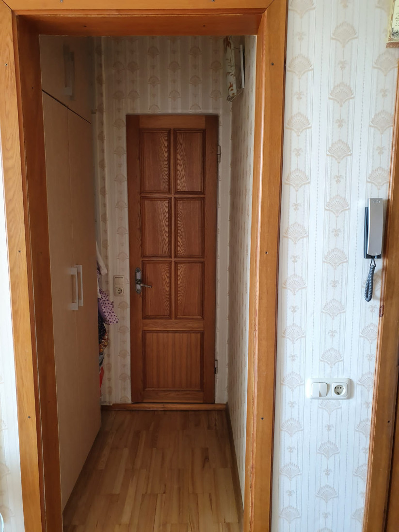 Hallway with wooden door and decor.