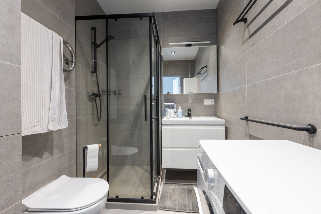 Modern bathroom interior with a shower.
