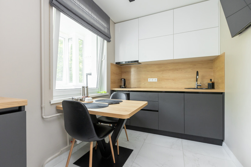 Dining room with a large wooden table.