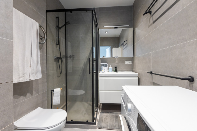 Modern bathroom interior with a shower.