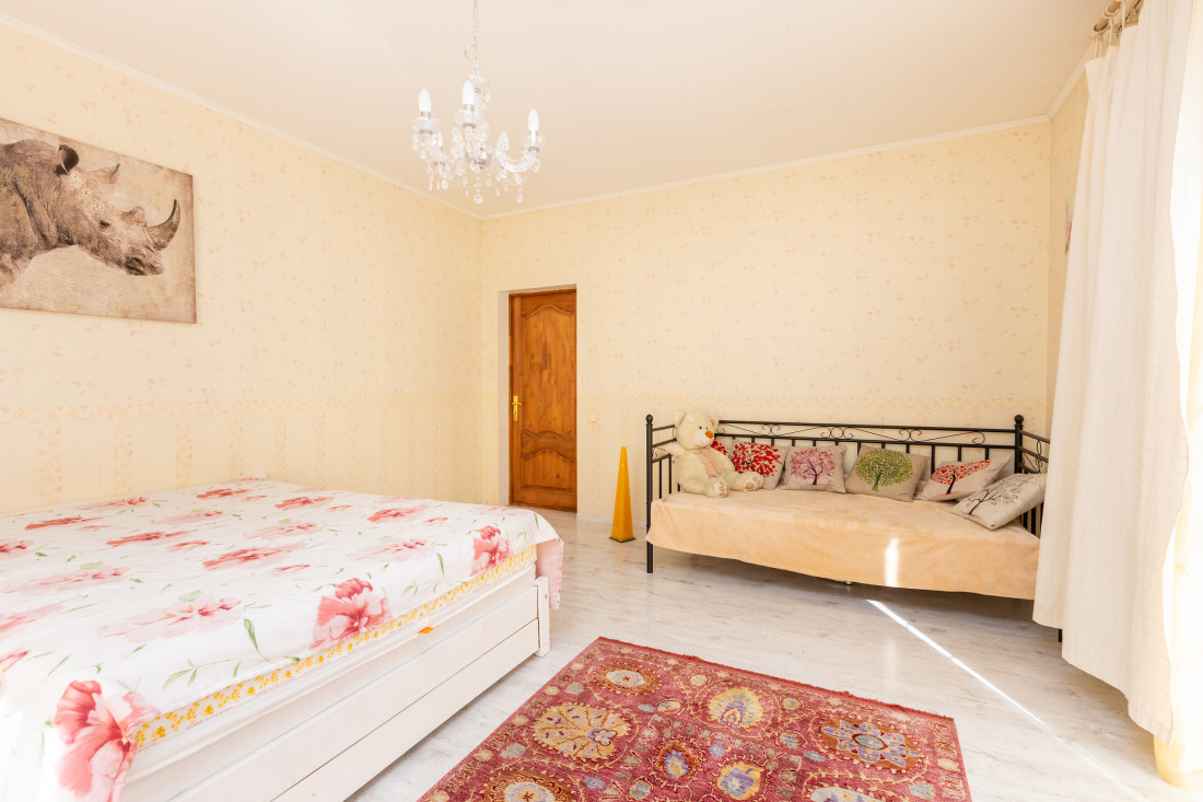 Bedroom with bed and decorative rug.