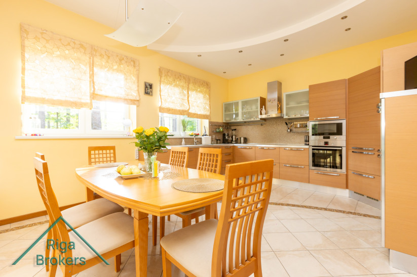 Dining area with wooden furniture.