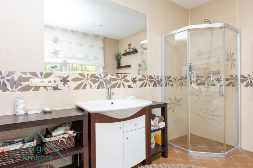 Shower cabin and sink with shelves.
