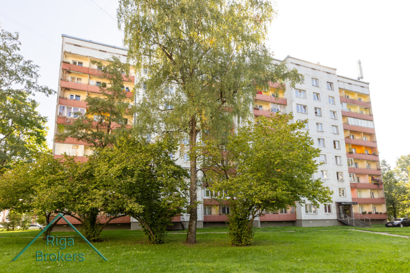 Daudzdzīvokļu ēka ar kokiem priekšplānā.