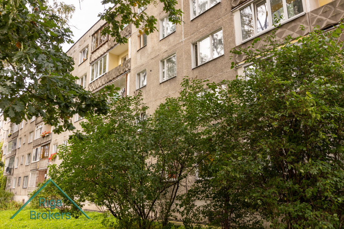 Daudzdzīvokļu mājas fasāde ar kokiem.