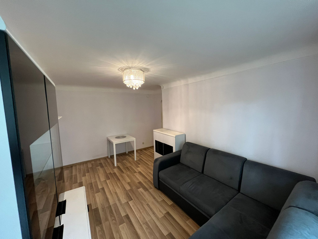 Living room with dark sofa.