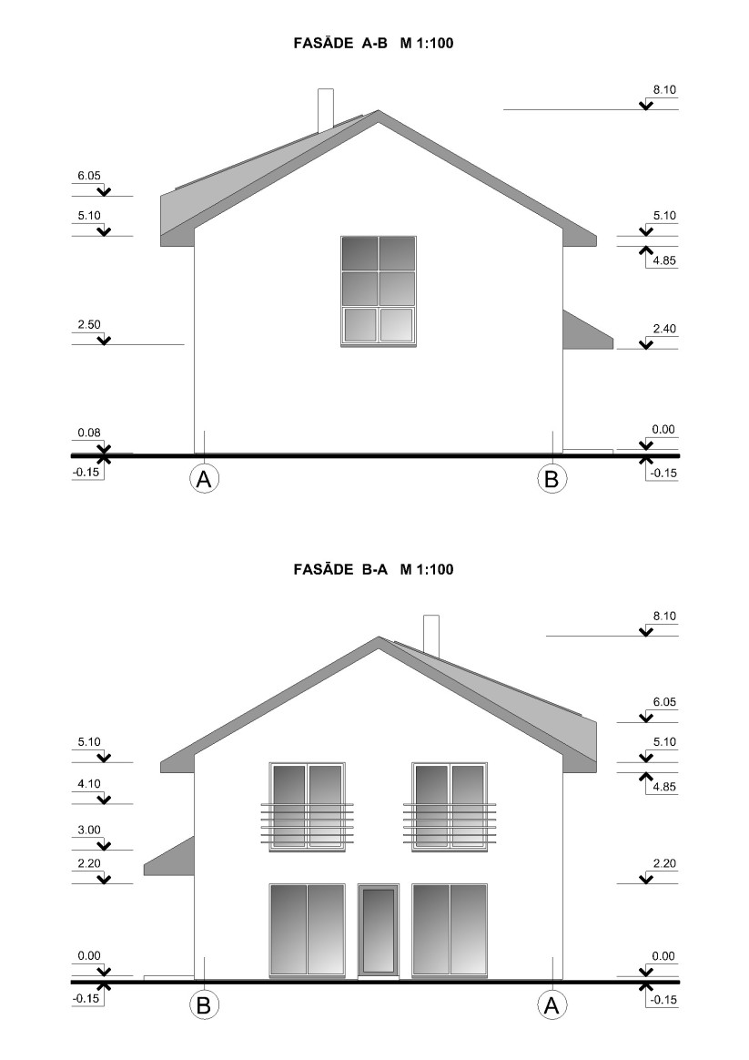 Mājas fasādes skice A-B un B-A.