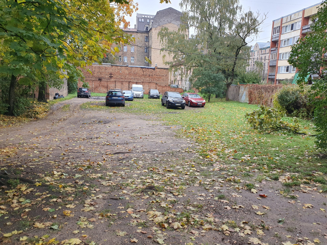Autostāvvieta ar rudens lapām un kokiem.