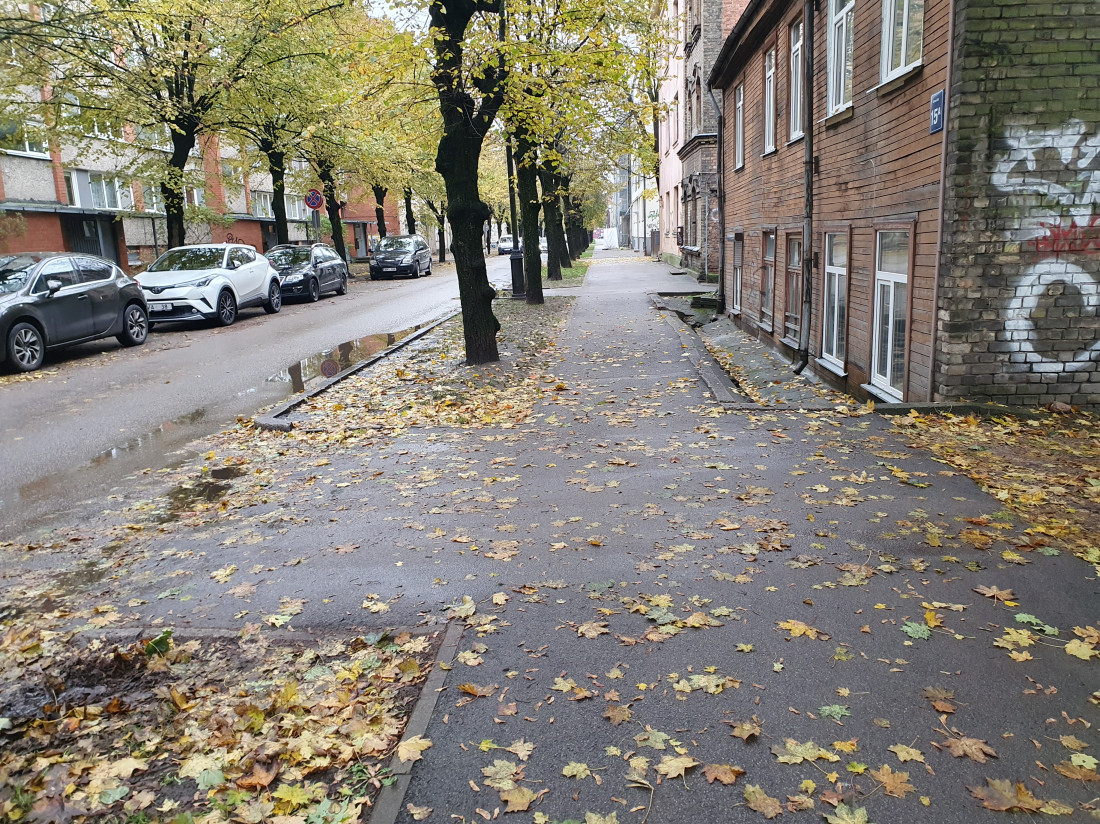 Trotoārs ar rudens lapām un ēku rindām.