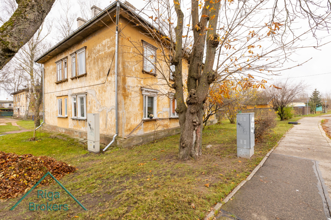Veca divstāvu ēka ar koku priekšplānā.