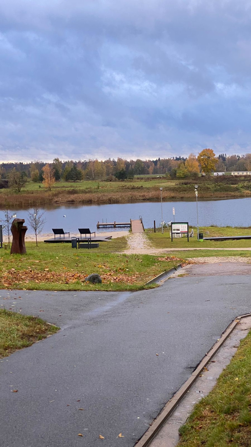 Landscape with lake and swimming area.