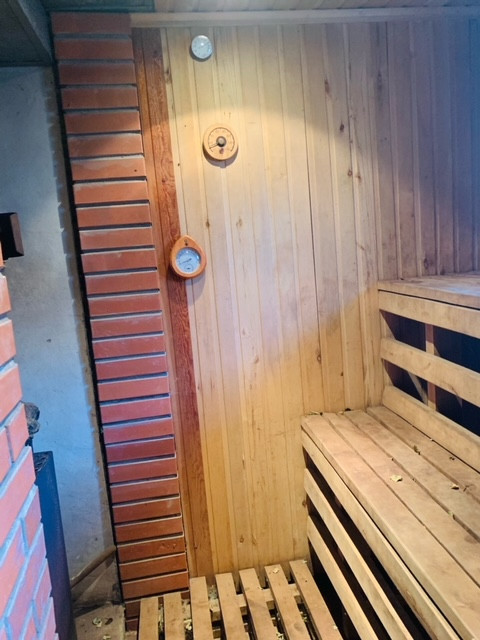 Saunas durvis ar termometru un koka apdari.