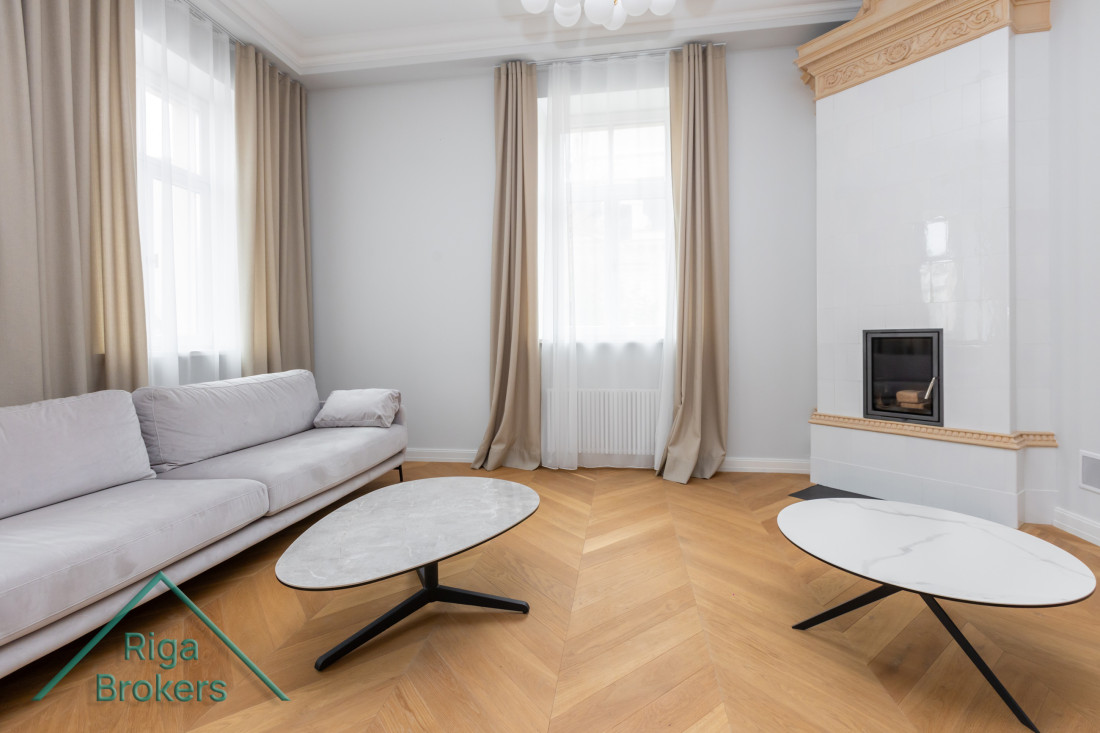 Bright living room with modern fireplace and sofa.