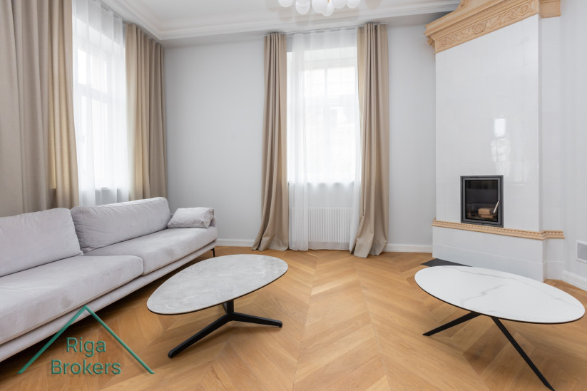 Bright living room with modern fireplace and sofa.