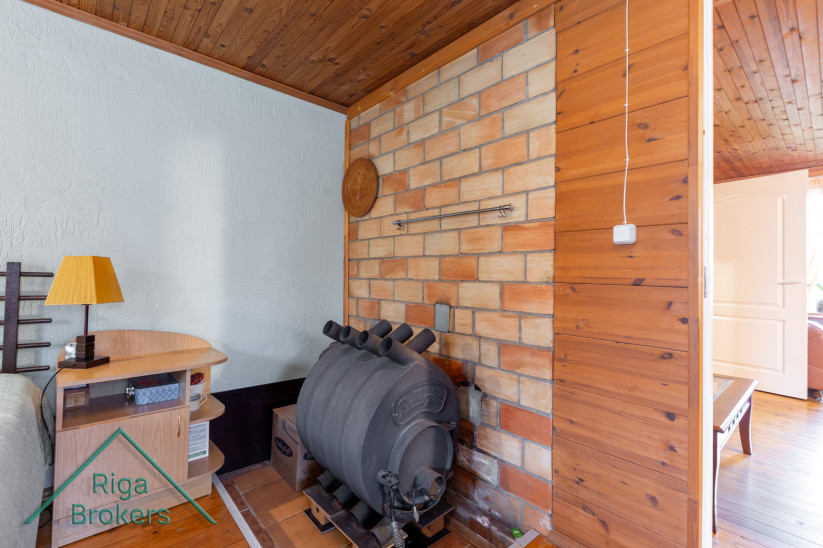 Living room with wooden decor and fireplace.