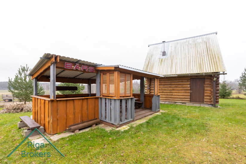 Wooden sauna with windows and garden view.