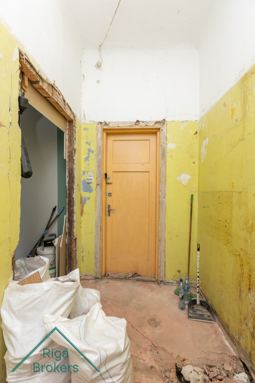 Corridor with yellow walls and wooden door.