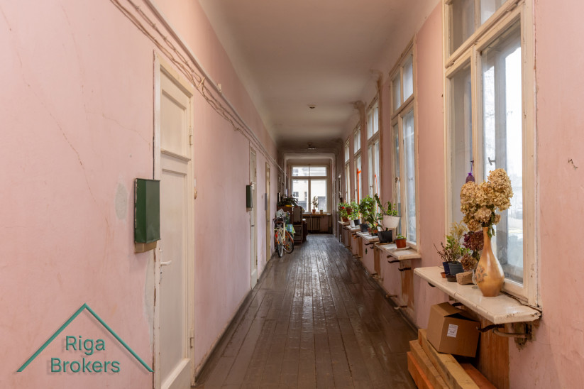 Bright hallway with flowers on windowsills.