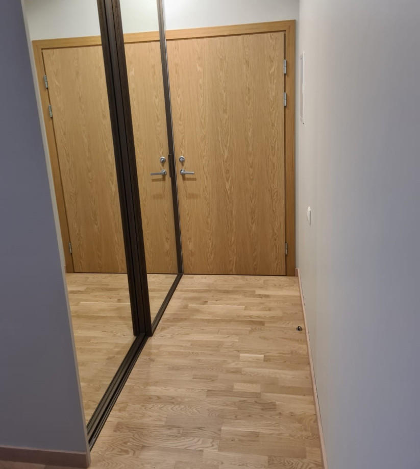Corridor with mirror doors and parquet flooring.