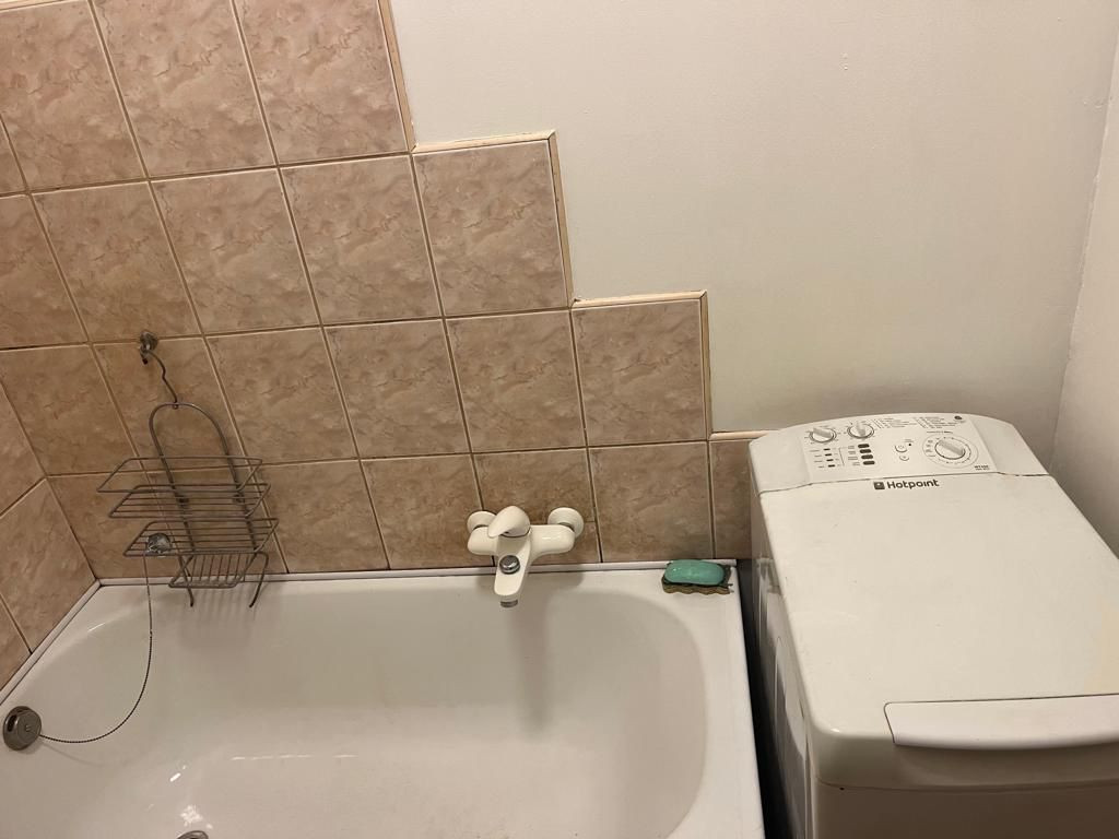 Bathtub and washing machine in the bathroom.