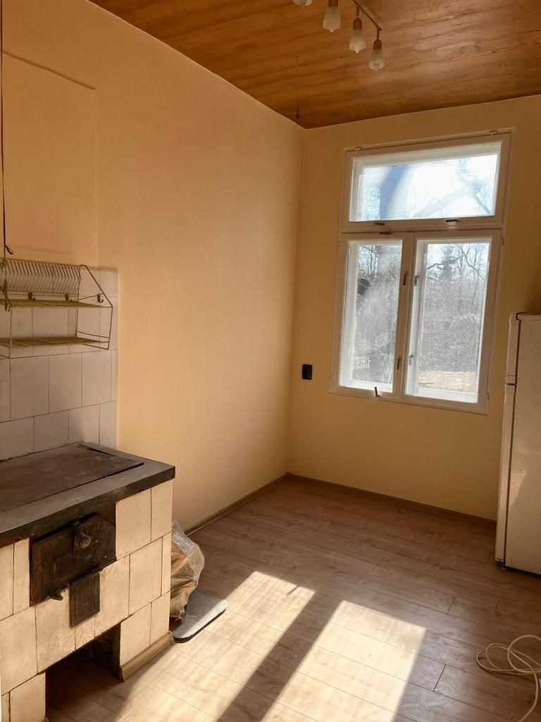 Kitchen with a wood stove and a window.