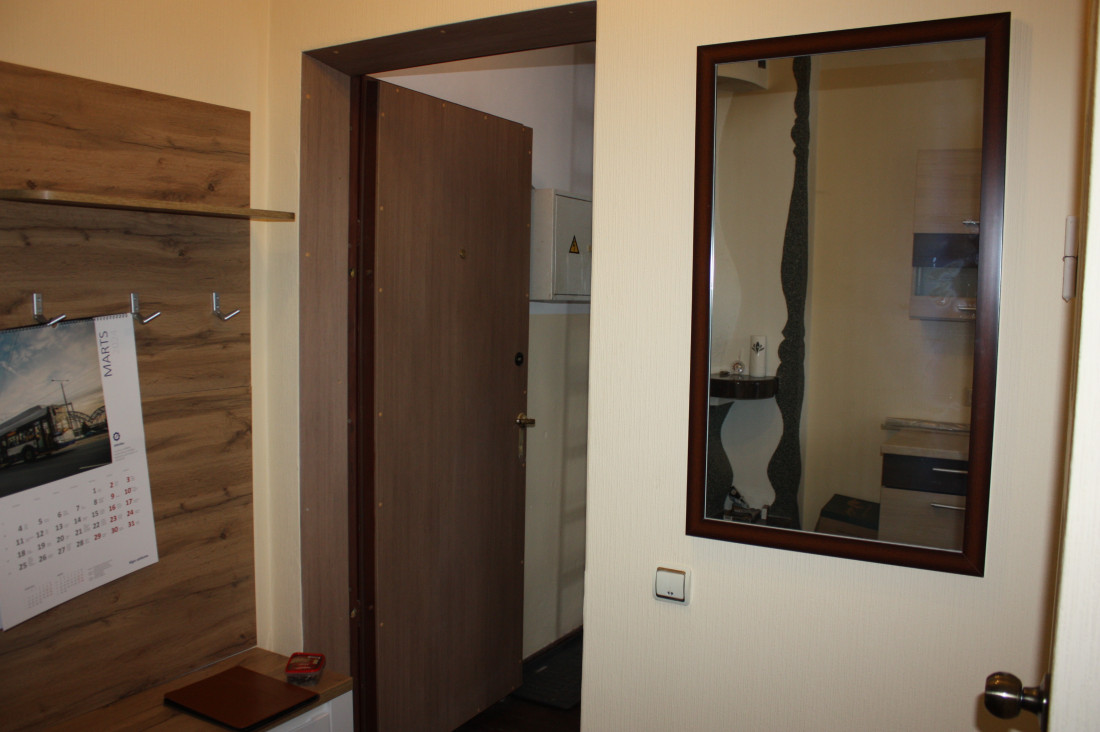 Mirror on the wall near the door.