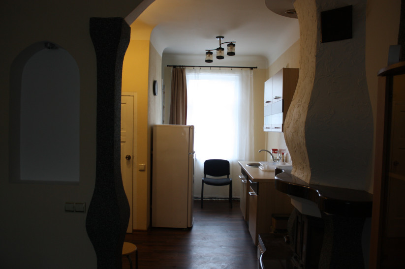 Apartment hallway with kitchen in background.