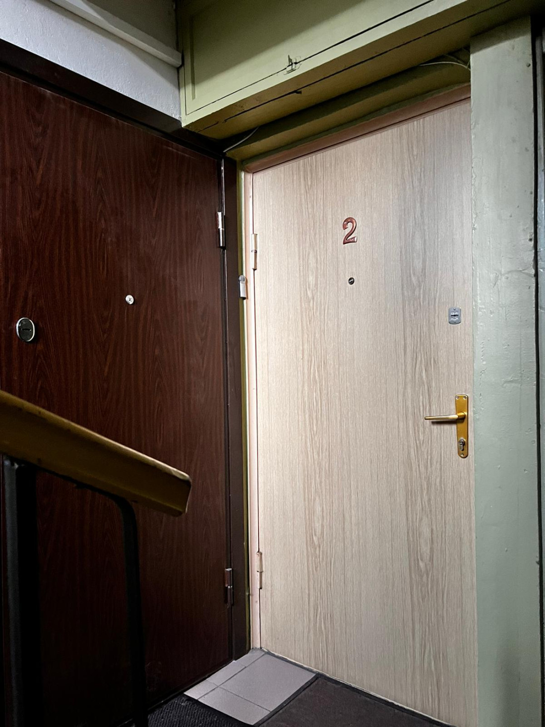 Apartment entrance door in stairwell.