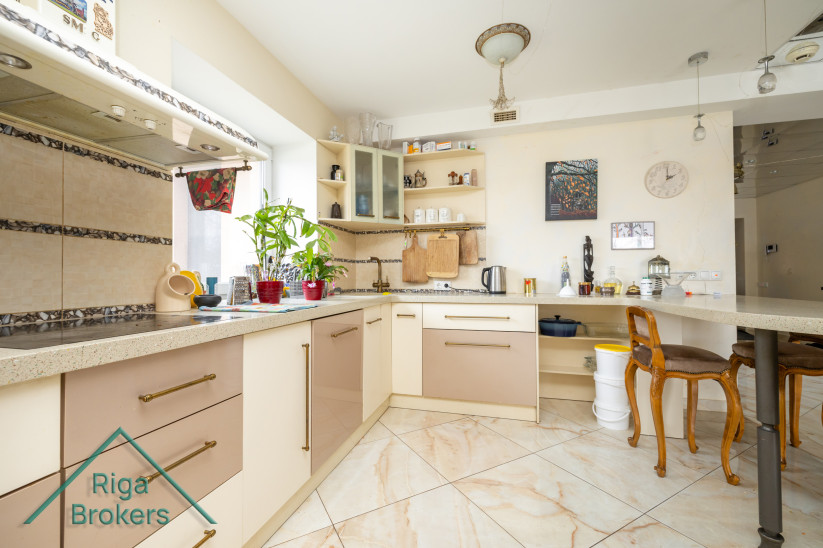 Virtuves zona ar plašu skatu uz ārējo ainavu. 