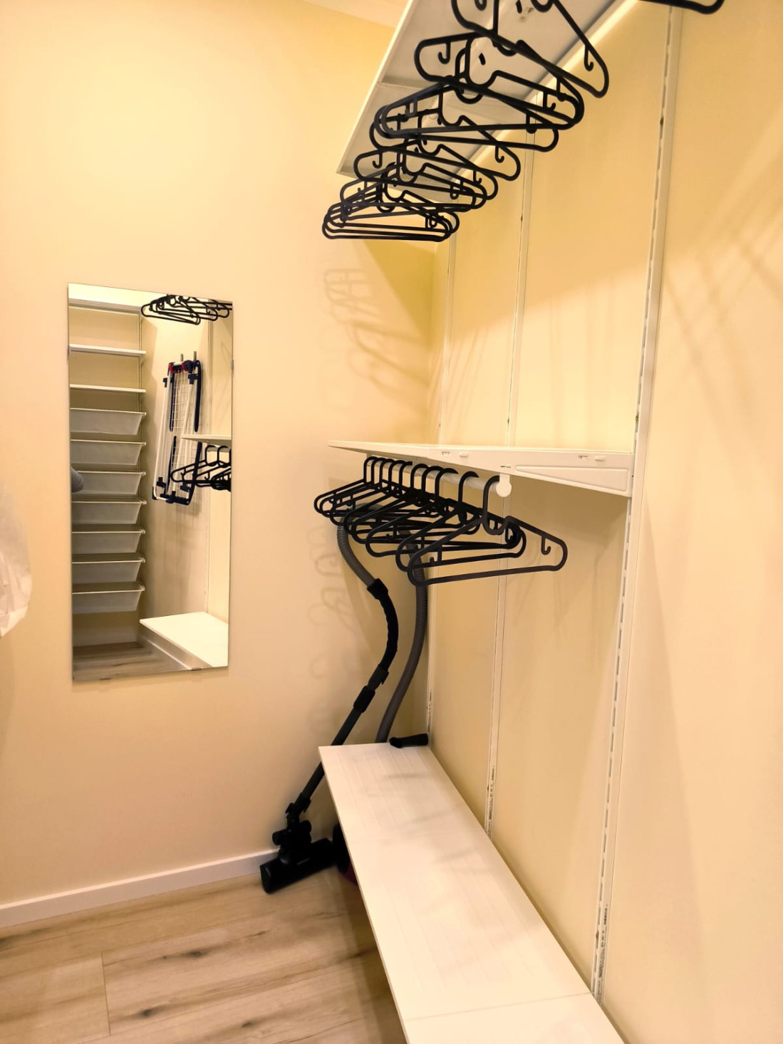 Wardrobe with hangers and a mirror
