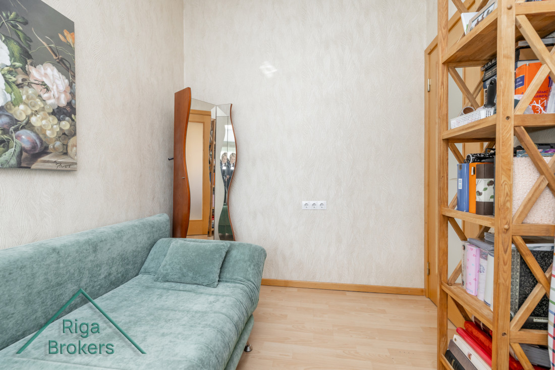 Room with a green sofa and bookshelves.