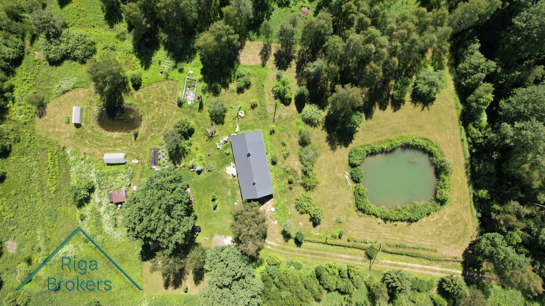  Countryside house in a green meadow with a pond.