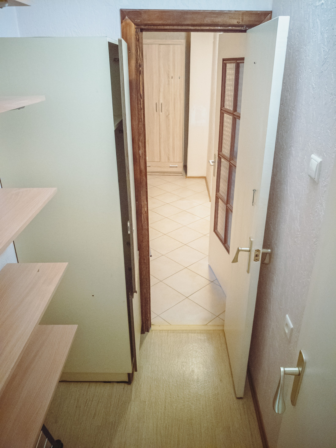 Narrow hallway with shelves and door.