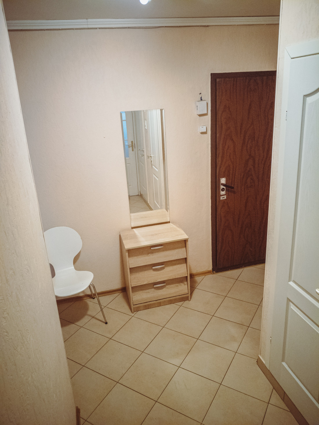 Hallway with mirror and furniture.