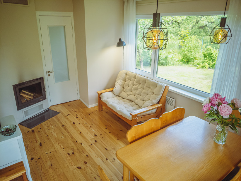 Living room with fireplace and sofa.