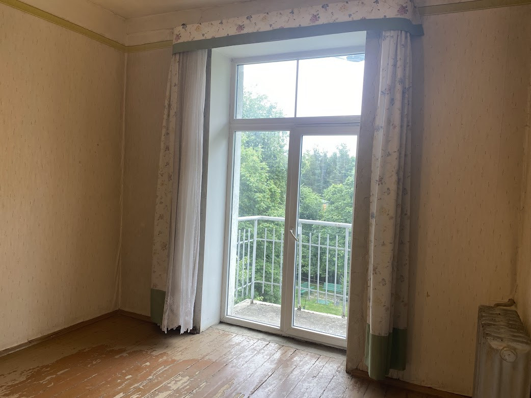 Balcony doors with a view of greenery.
