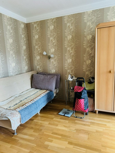 Viesistaba ar dīvānu un grāmatu plauktu.