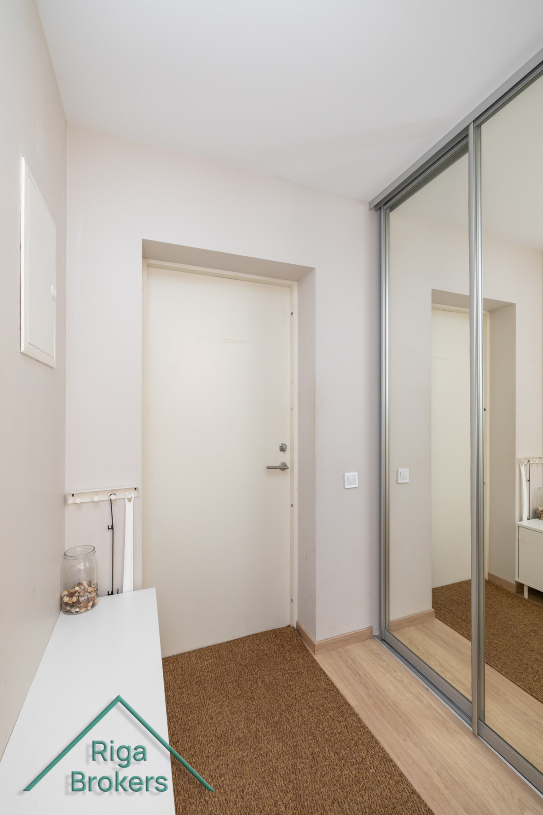 Hallway with a white door and mirrored wardrobe.