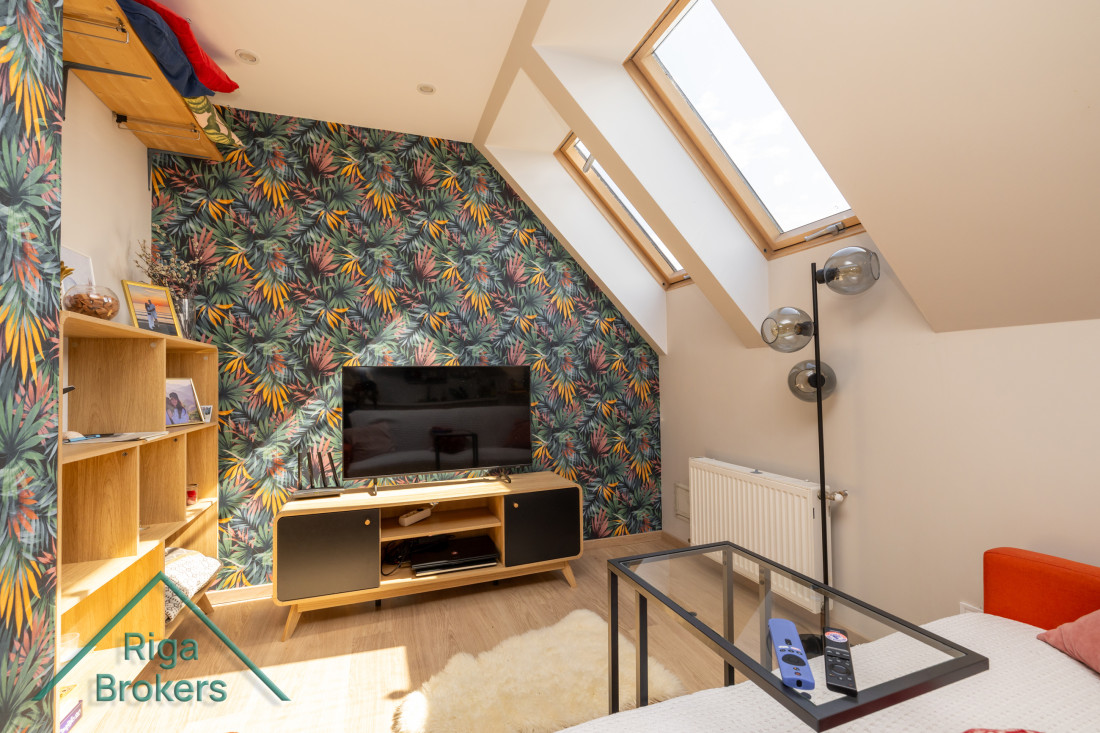 Apartment room with two roof windows and a TV