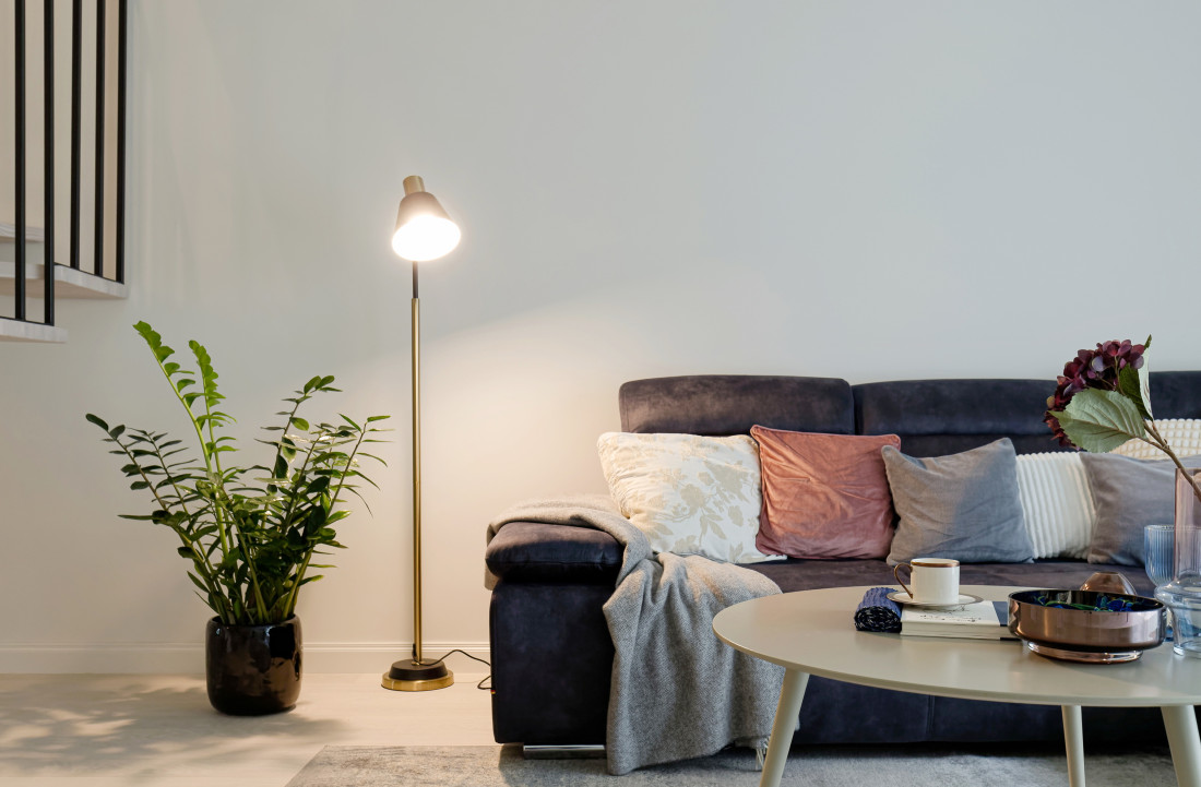 Mūsdienīga dzīvojamā istaba ar dīvānu un lampu